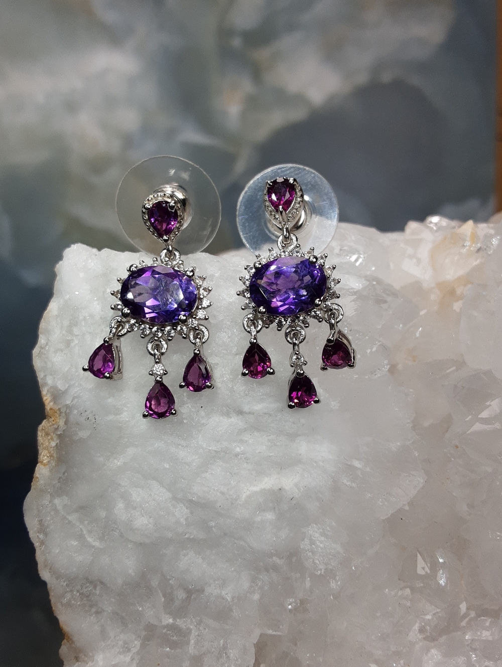 925 Amethyst, Garnet Drop Earrings.